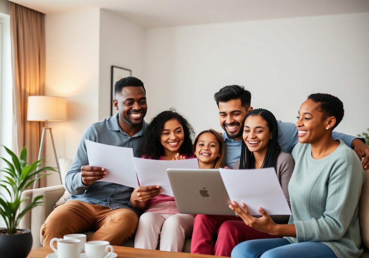 Diverse family celebrating loan approval with documents and laptop
